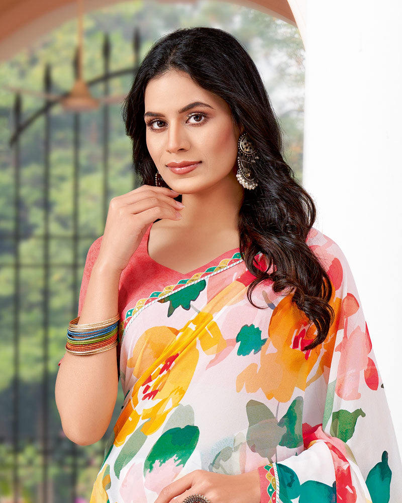 Vishal Prints White And Mustard Printed Georgette Saree With Fancy Border