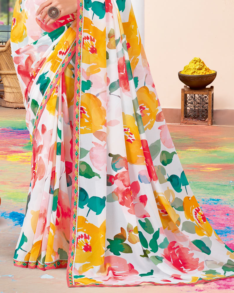 Vishal Prints White And Mustard Printed Georgette Saree With Fancy Border