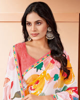 Vishal Prints White And Mustard Printed Georgette Saree With Fancy Border