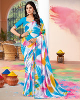 Vishal Prints White And Azure Blue Printed Georgette Saree With Fancy Border