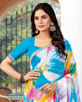 Vishal Prints White And Azure Blue Printed Georgette Saree With Fancy Border