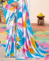 Vishal Prints White And Azure Blue Printed Georgette Saree With Fancy Border