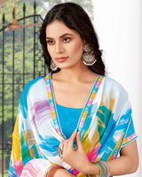 Vishal Prints White And Azure Blue Printed Georgette Saree With Fancy Border