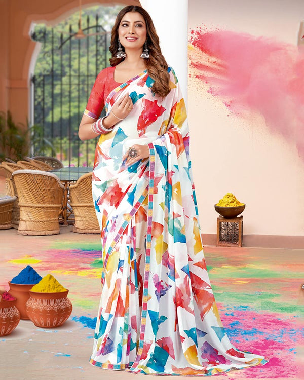 Vishal Prints White And Pastel Red Printed Georgette Saree With Fancy Border