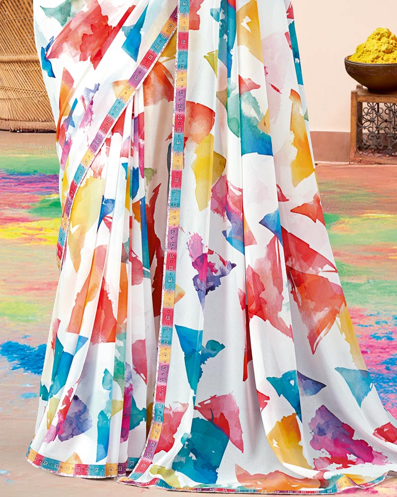 Vishal Prints White And Pastel Red Printed Georgette Saree With Fancy Border