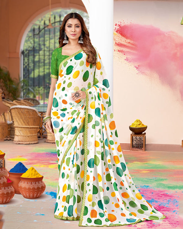 Vishal Prints White And Fern Green Printed Georgette Saree With Fancy Border