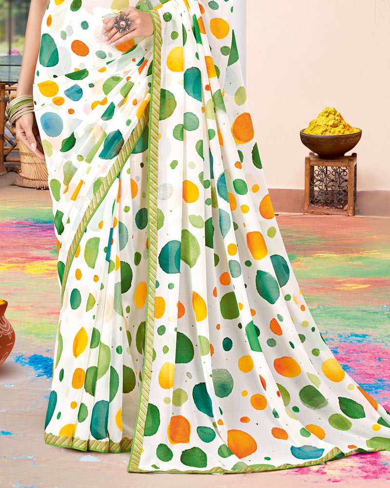 Vishal Prints White And Fern Green Printed Georgette Saree With Fancy Border