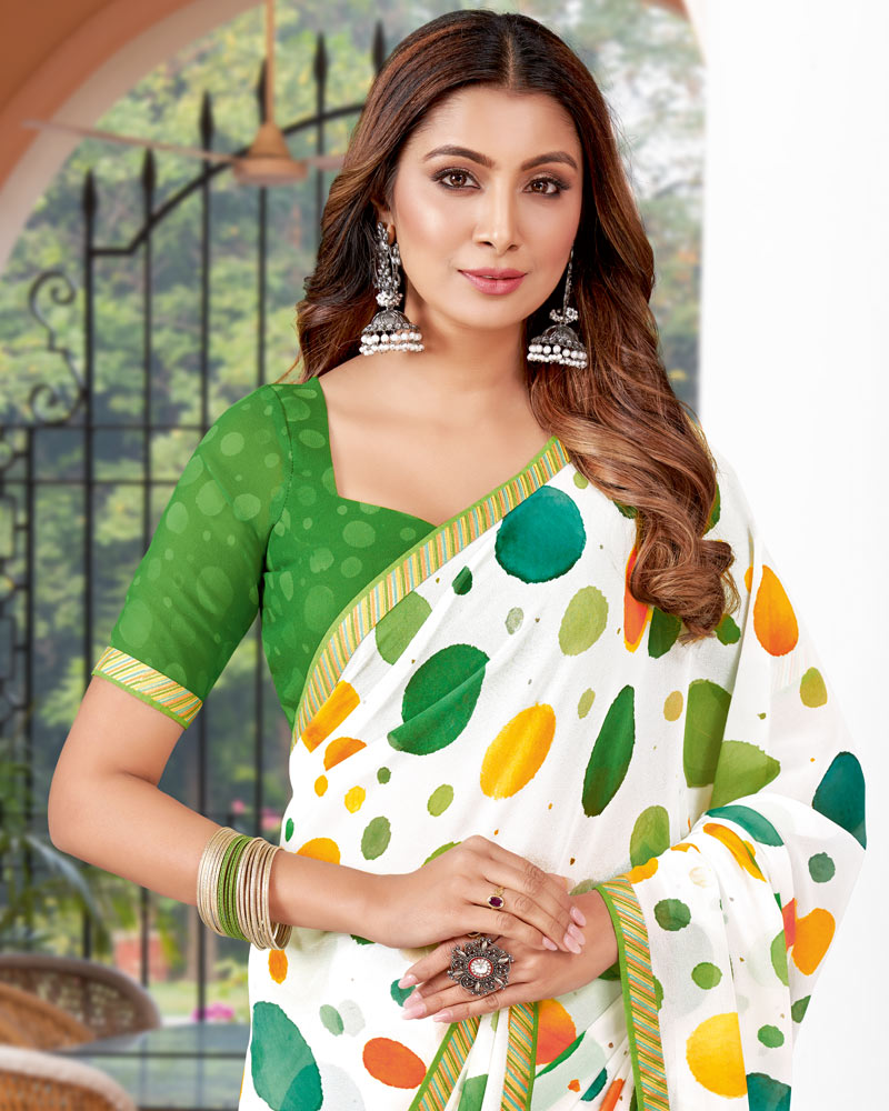 Vishal Prints White And Fern Green Printed Georgette Saree With Fancy Border
