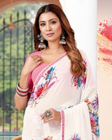 Vishal Prints White And Dusty Pink Printed Georgette Saree With Fancy Border