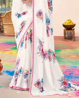Vishal Prints White And Dusty Pink Printed Georgette Saree With Fancy Border