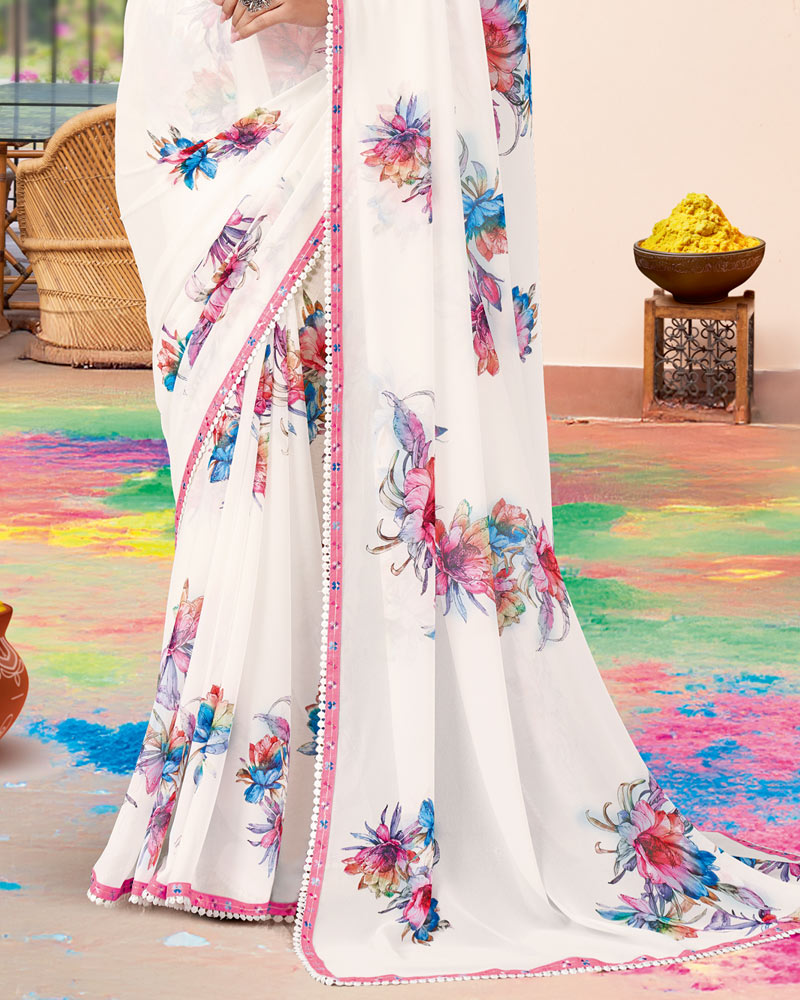 Vishal Prints White And Dusty Pink Printed Georgette Saree With Fancy Border