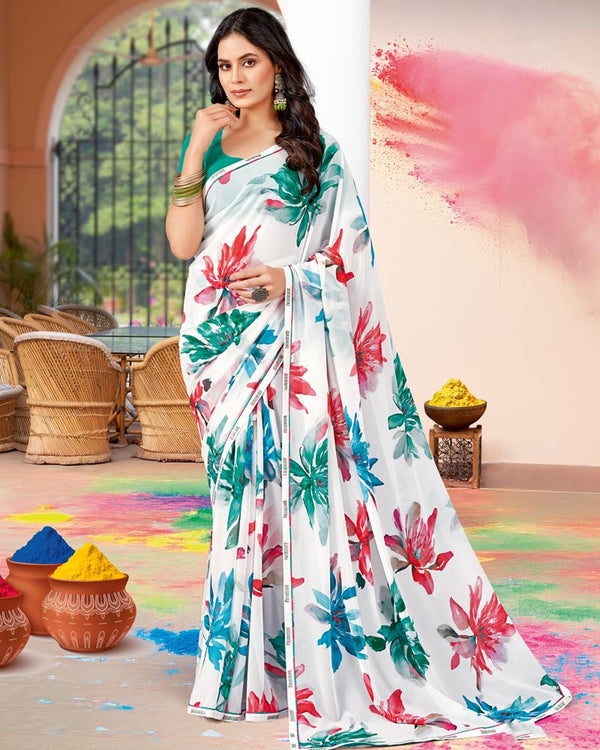 Vishal Prints White And Forest Green Printed Georgette Saree With Fancy Border