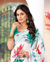 Vishal Prints White And Forest Green Printed Georgette Saree With Fancy Border