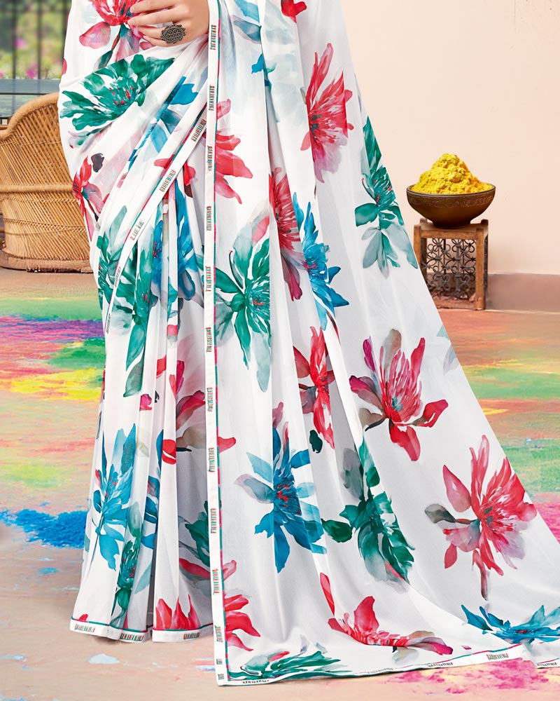 Vishal Prints White And Forest Green Printed Georgette Saree With Fancy Border