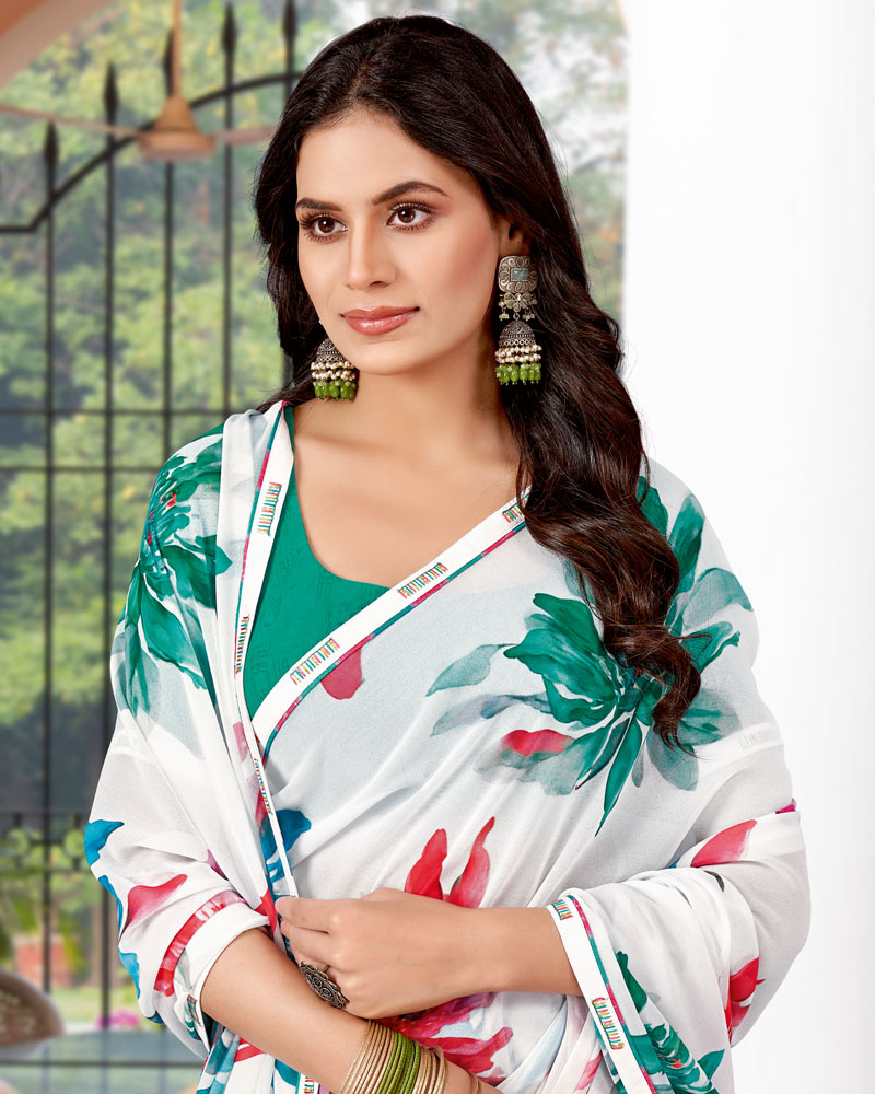 Vishal Prints White And Forest Green Printed Georgette Saree With Fancy Border