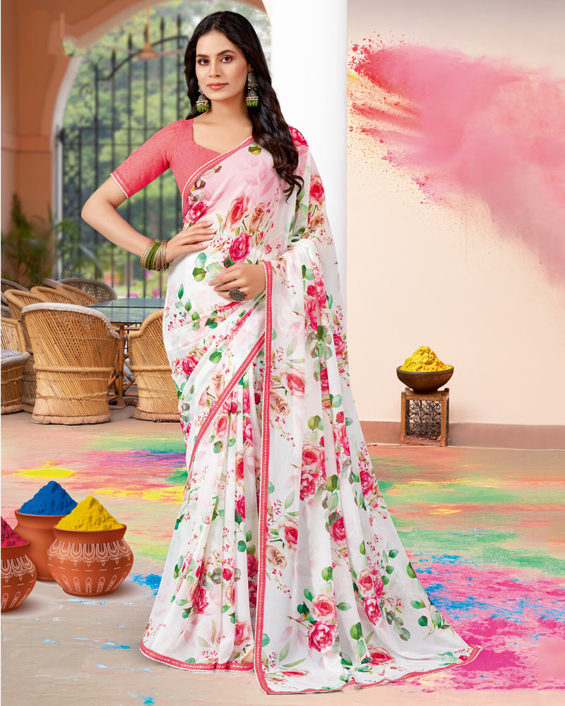 Vishal Prints White And Salmon Pink Printed Georgette Saree With Fancy Border