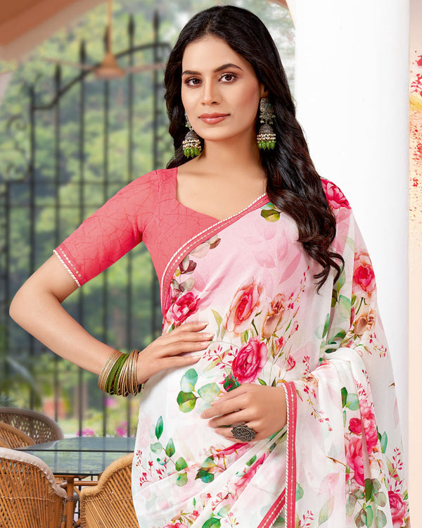 Vishal Prints White And Salmon Pink Printed Georgette Saree With Fancy Border