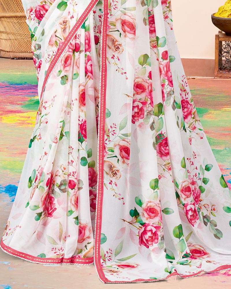 Vishal Prints White And Salmon Pink Printed Georgette Saree With Fancy Border