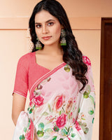 Vishal Prints White And Salmon Pink Printed Georgette Saree With Fancy Border