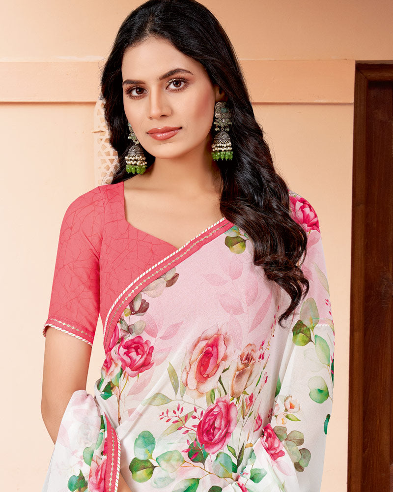 Vishal Prints White And Salmon Pink Printed Georgette Saree With Fancy Border