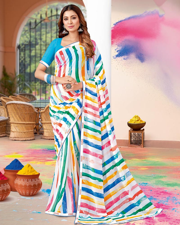 Vishal Prints White And Ocean Blue Printed Georgette Saree With Fancy Border