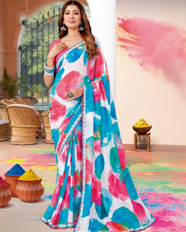 Vishal Prints White And Carmine Pink Printed Georgette Saree With Fancy Border