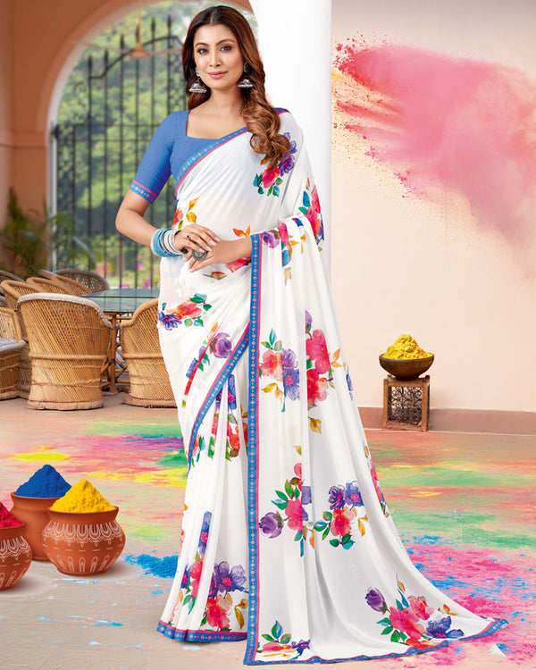 Vishal Prints White And Pastel Blue Printed Georgette Saree With Fancy Border