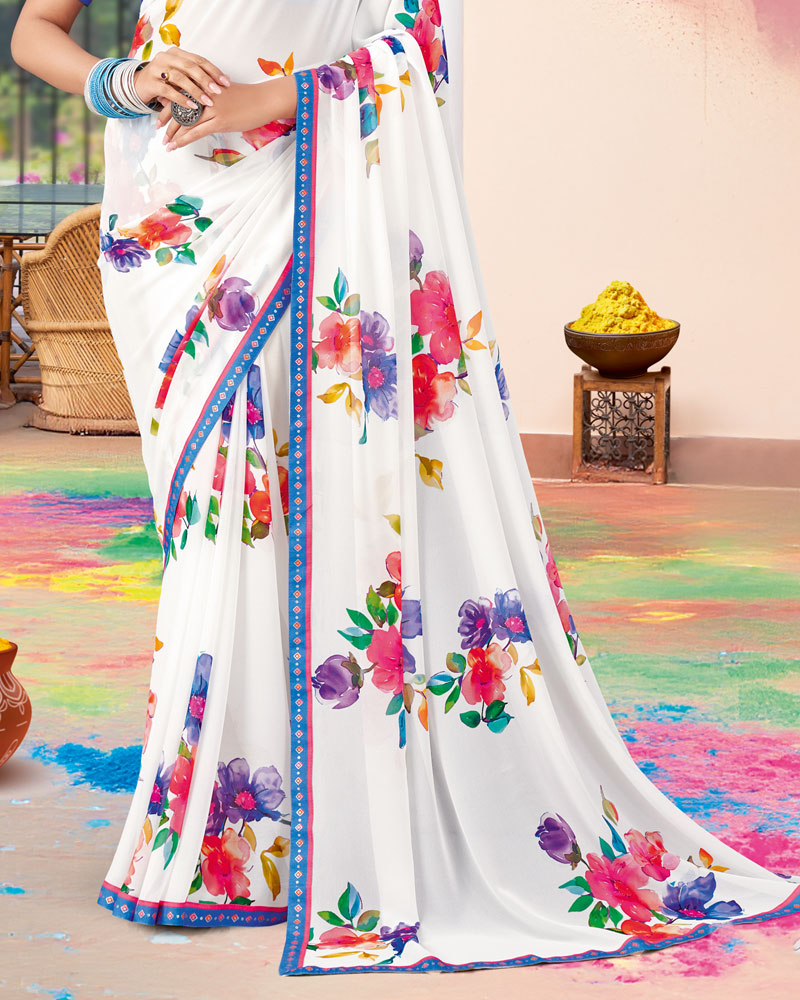 Vishal Prints White And Pastel Blue Printed Georgette Saree With Fancy Border
