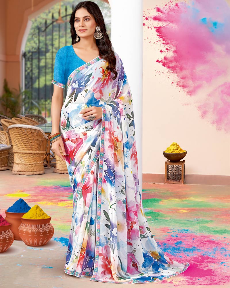 Vishal Prints White And Pacific Blue Printed Georgette Saree With Fancy Border