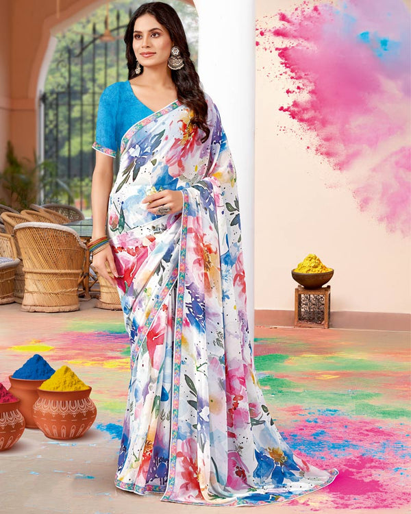 Vishal Prints White And Pacific Blue Printed Georgette Saree With Fancy Border