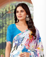 Vishal Prints White And Pacific Blue Printed Georgette Saree With Fancy Border