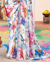Vishal Prints White And Pacific Blue Printed Georgette Saree With Fancy Border