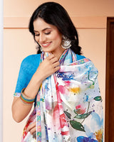 Vishal Prints White And Pacific Blue Printed Georgette Saree With Fancy Border