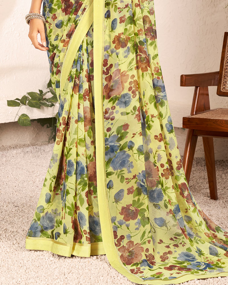 Vishal Prints Light Yellow Printed Georgette Saree With Satin Border