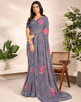 Vishal Prints Cool Grey Printed Georgette Saree With Satin Border