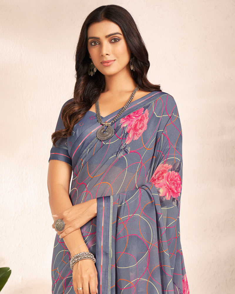 Vishal Prints Cool Grey Printed Georgette Saree With Satin Border
