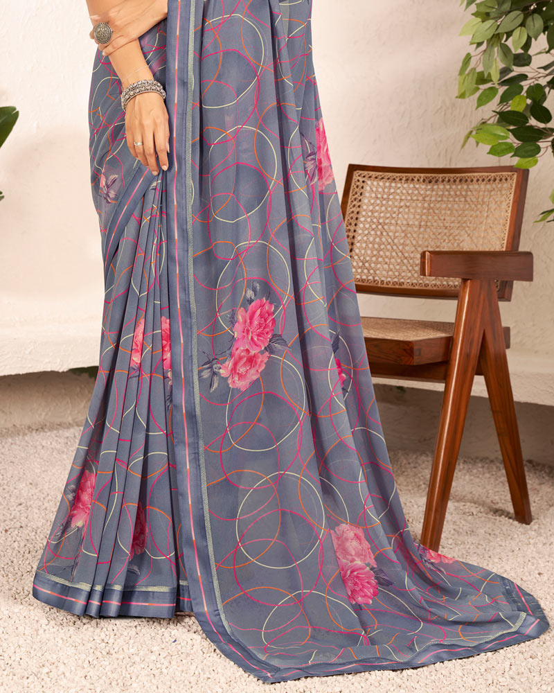 Vishal Prints Cool Grey Printed Georgette Saree With Satin Border