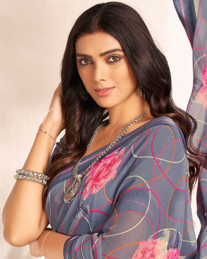 Vishal Prints Cool Grey Printed Georgette Saree With Satin Border