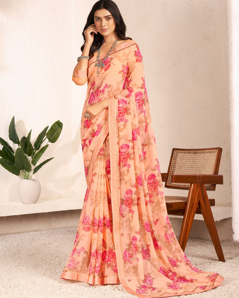 Vishal Prints Orange Printed Georgette Saree With Satin Border