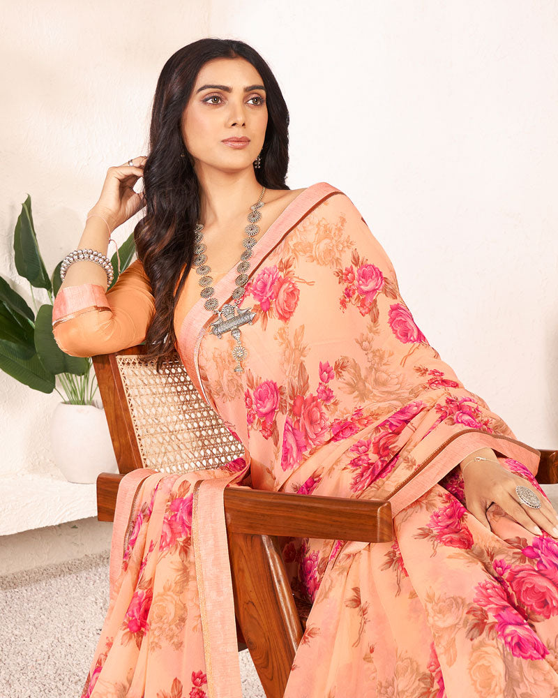 Vishal Prints Orange Printed Georgette Saree With Satin Border