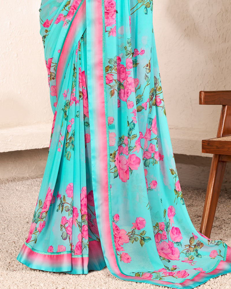 Vishal Prints Pastel Teal Blue Printed Georgette Saree With Satin Border