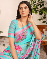 Vishal Prints Pastel Teal Blue Printed Georgette Saree With Satin Border