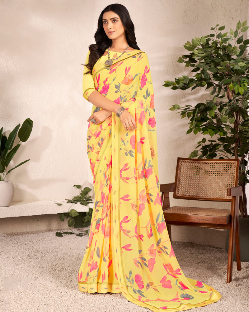 Vishal Prints Light Yellow Printed Georgette Saree With Satin Border