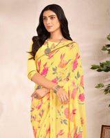 Vishal Prints Light Yellow Printed Georgette Saree With Satin Border