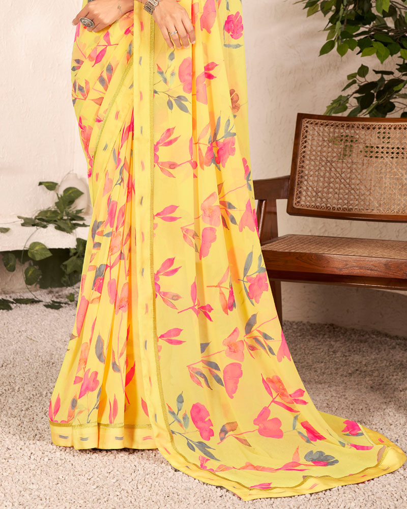 Vishal Prints Light Yellow Printed Georgette Saree With Satin Border
