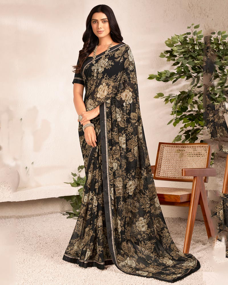 Vishal Prints Black Printed Georgette Saree With Satin Border