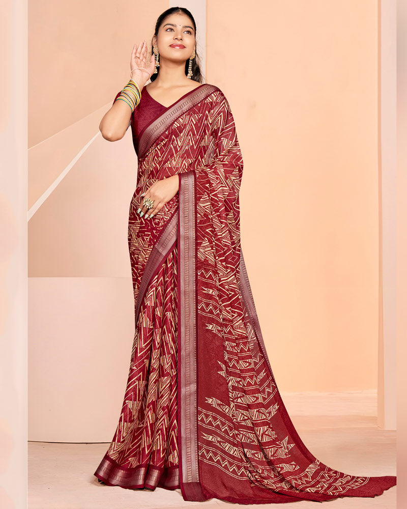 Vishal Prints Old Brick Red Criva Crepe Digital Print Saree With Weaved Viscose Patta