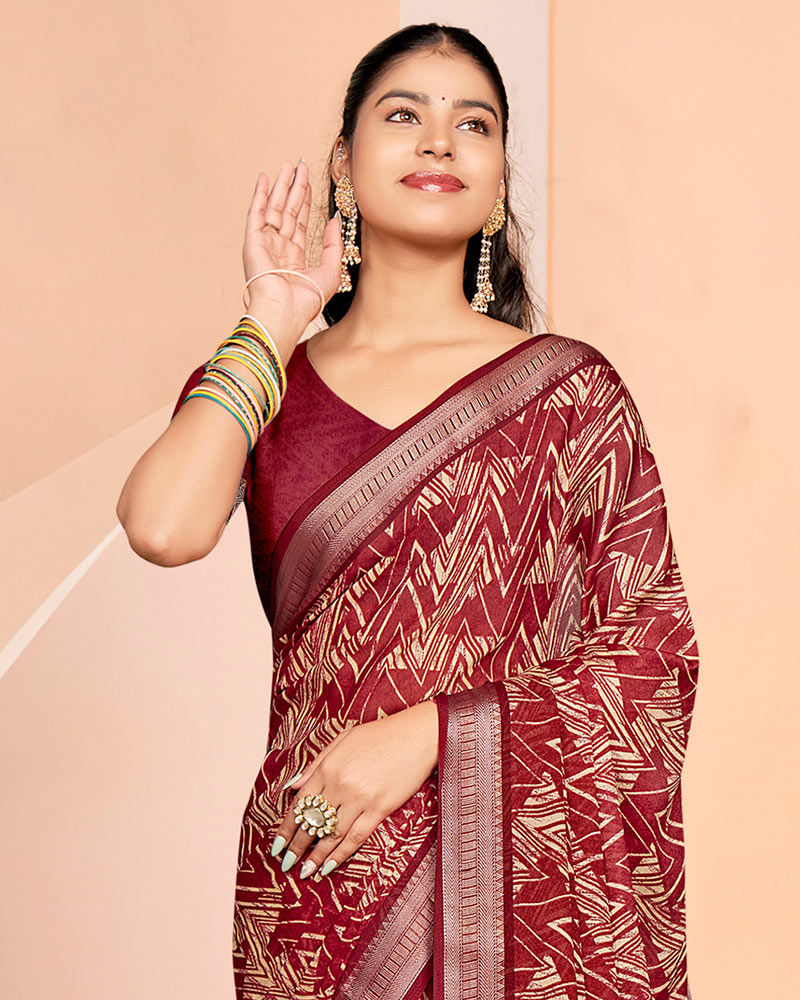 Vishal Prints Old Brick Red Criva Crepe Digital Print Saree With Weaved Viscose Patta