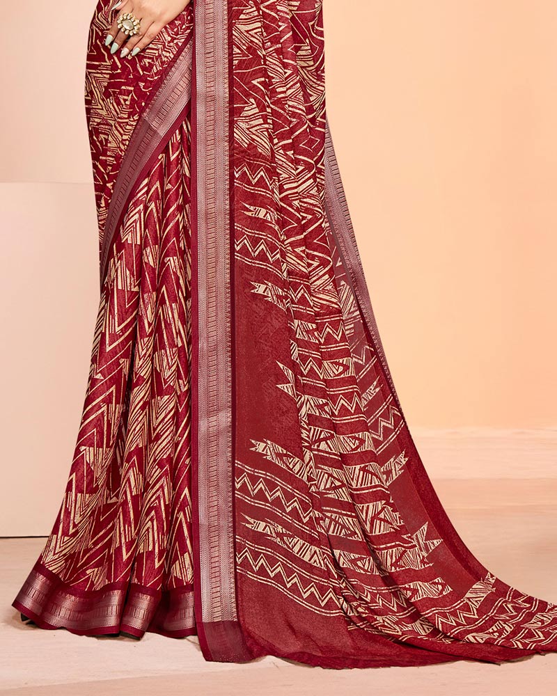 Vishal Prints Old Brick Red Criva Crepe Digital Print Saree With Weaved Viscose Patta