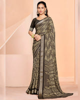 Vishal Prints Tobacco Brown Criva Crepe Digital Print Saree With Weaved Viscose Patta
